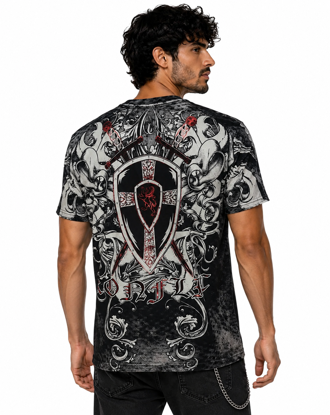 Konflic Men's Medieval Shield and Crossed Swords Graphic All Over Print T-Shirt
