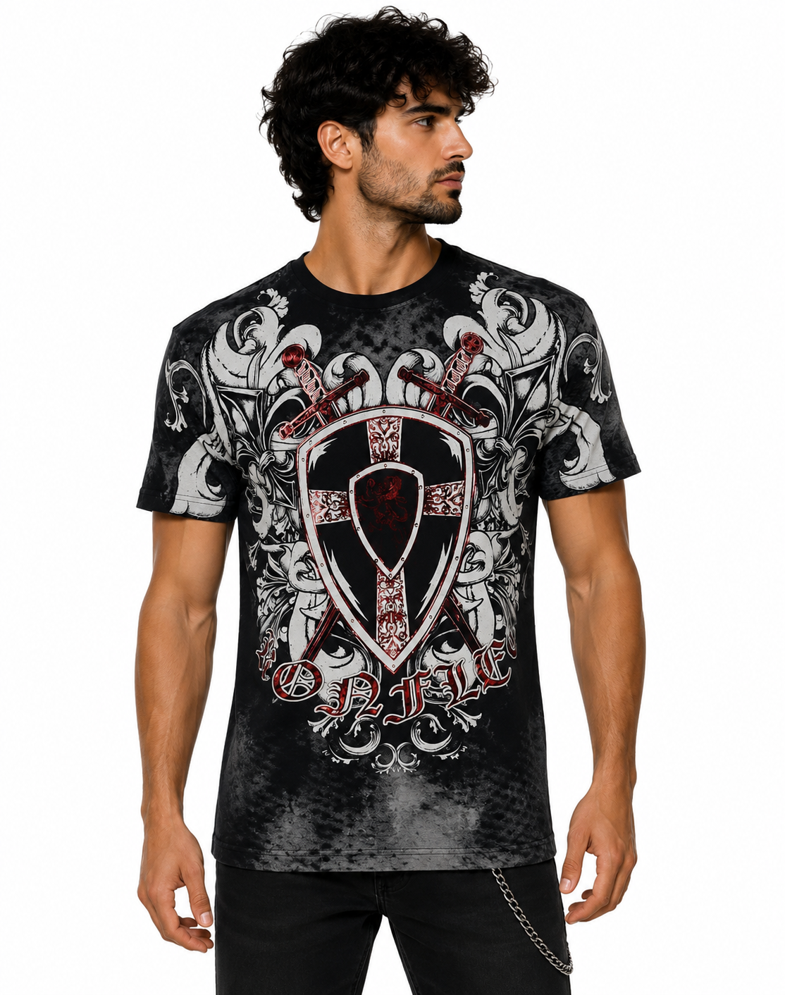 Konflic Men's Medieval Shield and Crossed Swords Graphic All Over Print T-Shirt