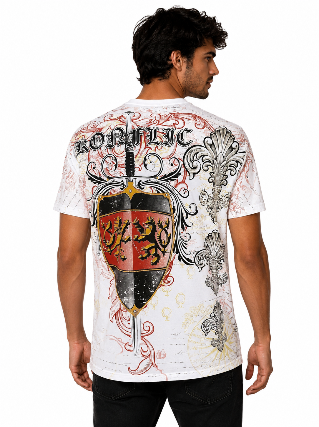 Konflic Heraldic Lion Shield & Crossed Swords Graphic All Over Print Men's T-Shirt "Gold Foil"