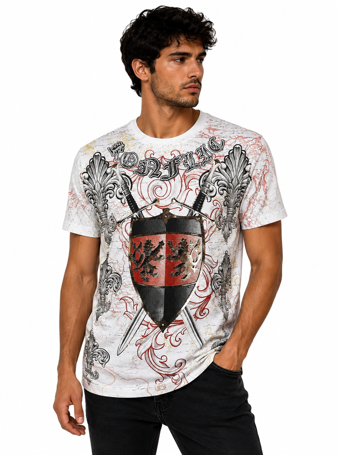 Konflic Heraldic Lion Shield & Crossed Swords Graphic All Over Print Men's T-Shirt "Gold Foil"