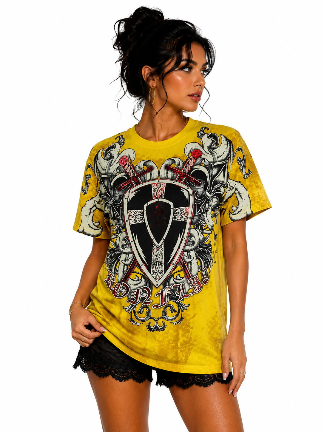 Konflic Men's Medieval Shield and Crossed Swords Graphic All Over Print T-Shirt
