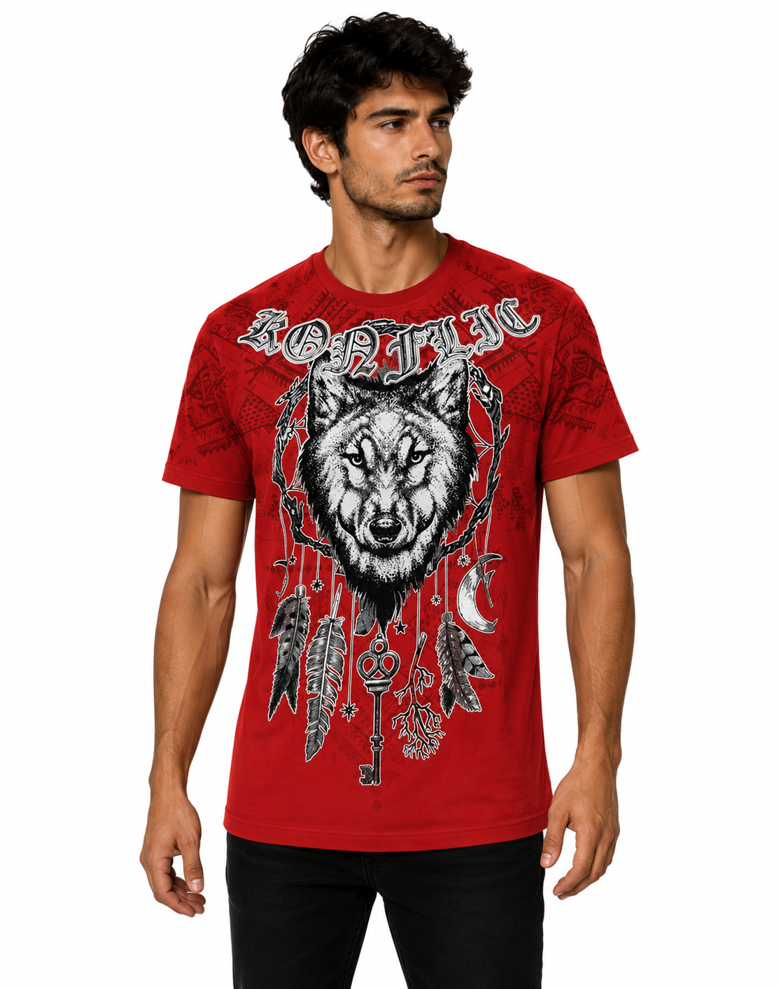 Konflic Dreamcatcher Wolf Head Graphic All Over Print Men's T-Shirt "Silver Foil"