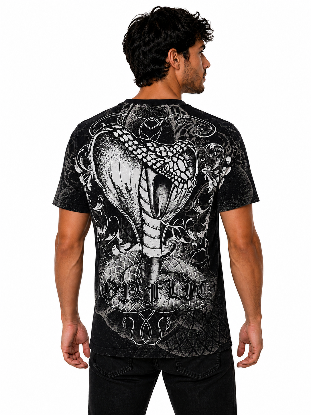 Konflic Striking Cobra & Twin Skulls Graphic All Over Print Men's T-Shirt "Black Foil"