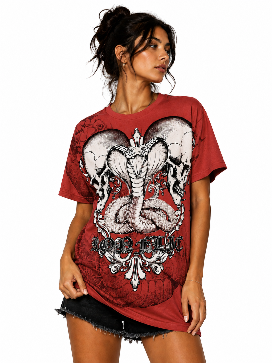 Konflic Striking Cobra & Twin Skulls Graphic All Over Print Men's T-Shirt "Black Foil"
