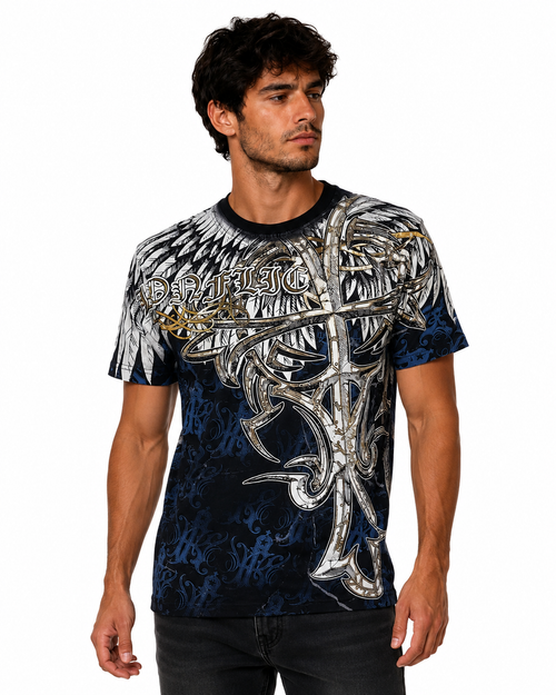 Konflic Men's Tribal Cross & Feathered Wings Graphic All Over Print T-Shirt "Gold Foil"