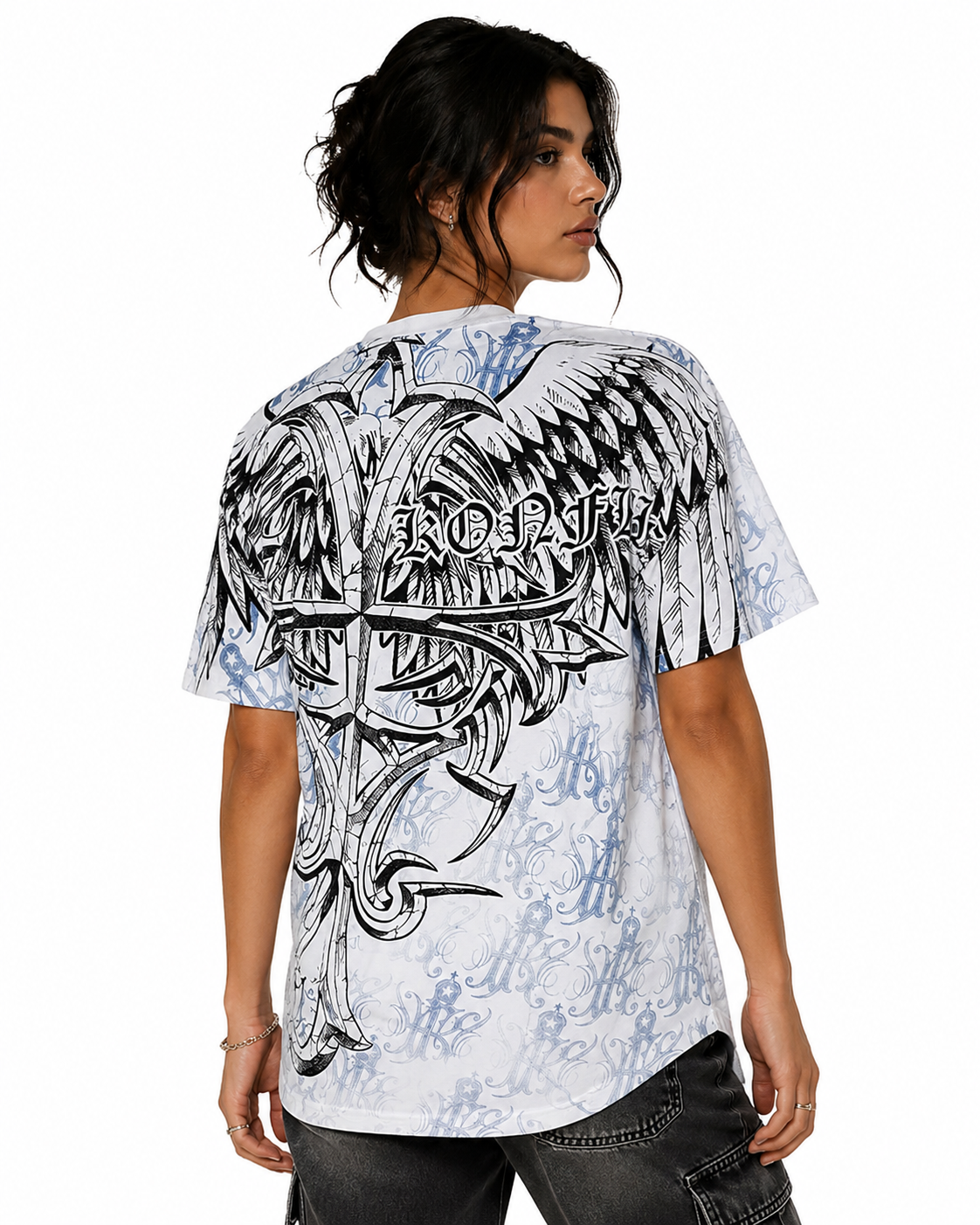 Konflic Men's Tribal Cross & Feathered Wings Graphic All Over Print T-Shirt "Gold Foil"