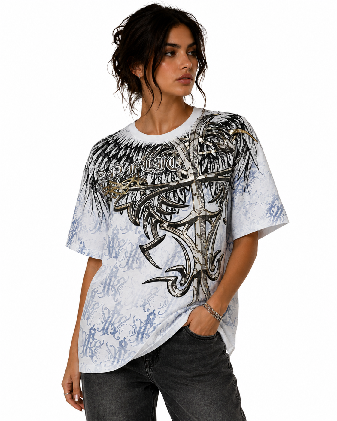 Konflic Men's Tribal Cross & Feathered Wings Graphic All Over Print T-Shirt "Gold Foil"