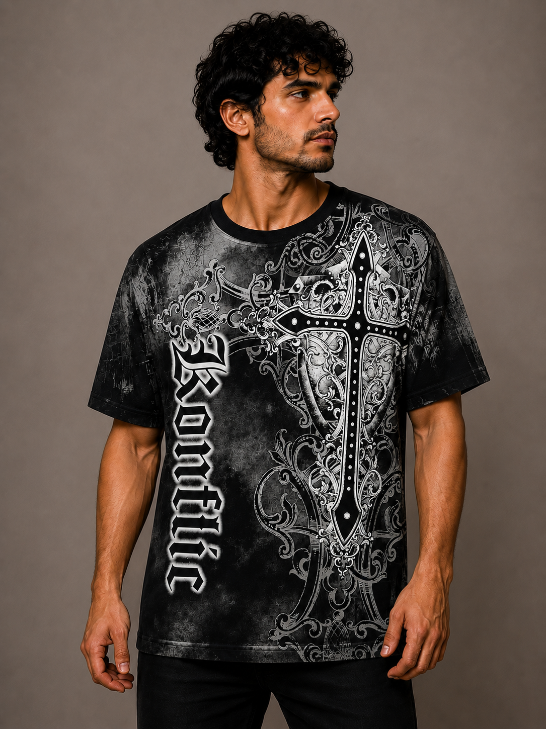 Konflic Giant Cross and Shield Graphic T Shirt