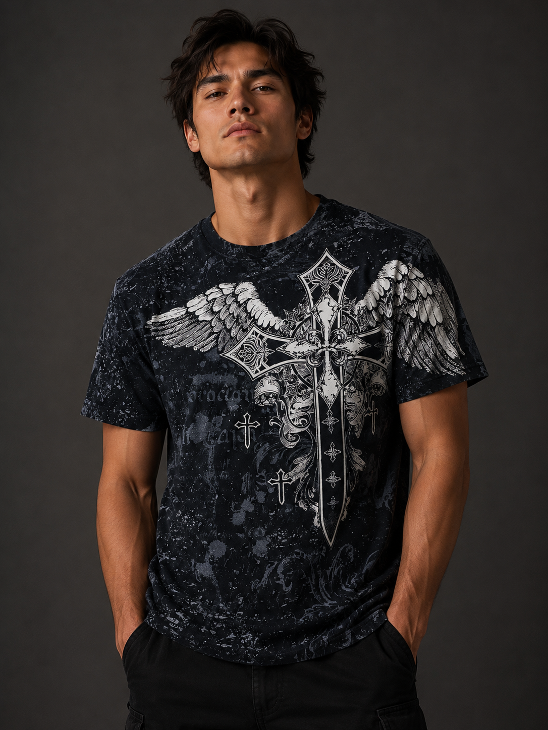Konflic Men's Gothic Cross and Wings  Crew Neck MMA T-Shirt