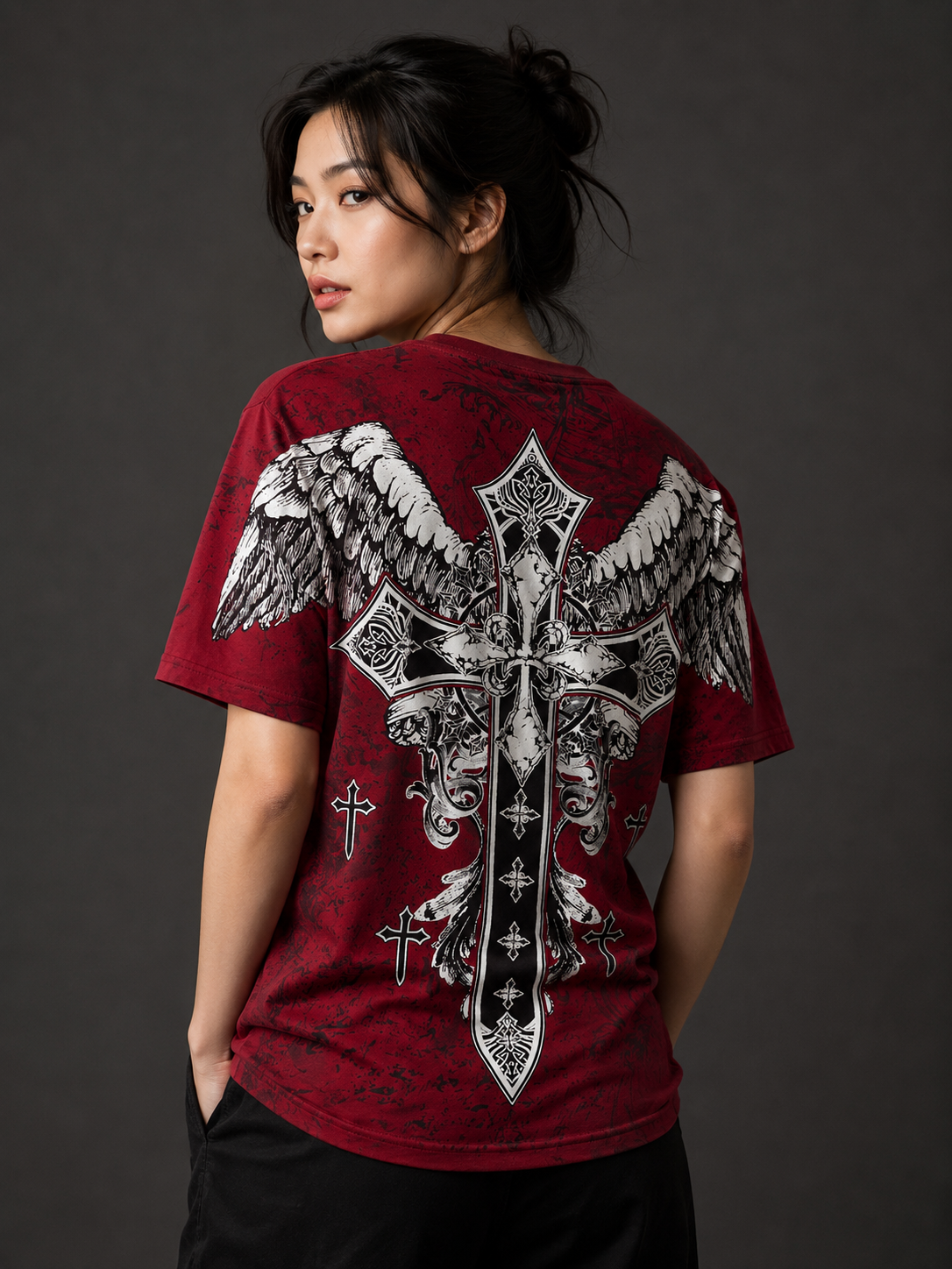 Konflic Men's Gothic Cross and Wings  Crew Neck MMA T-Shirt