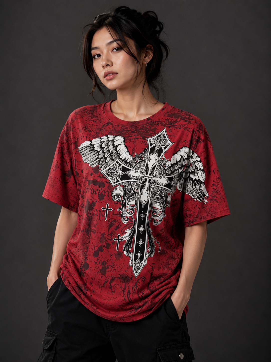 Konflic Men's Gothic Cross and Wings  Crew Neck MMA T-Shirt