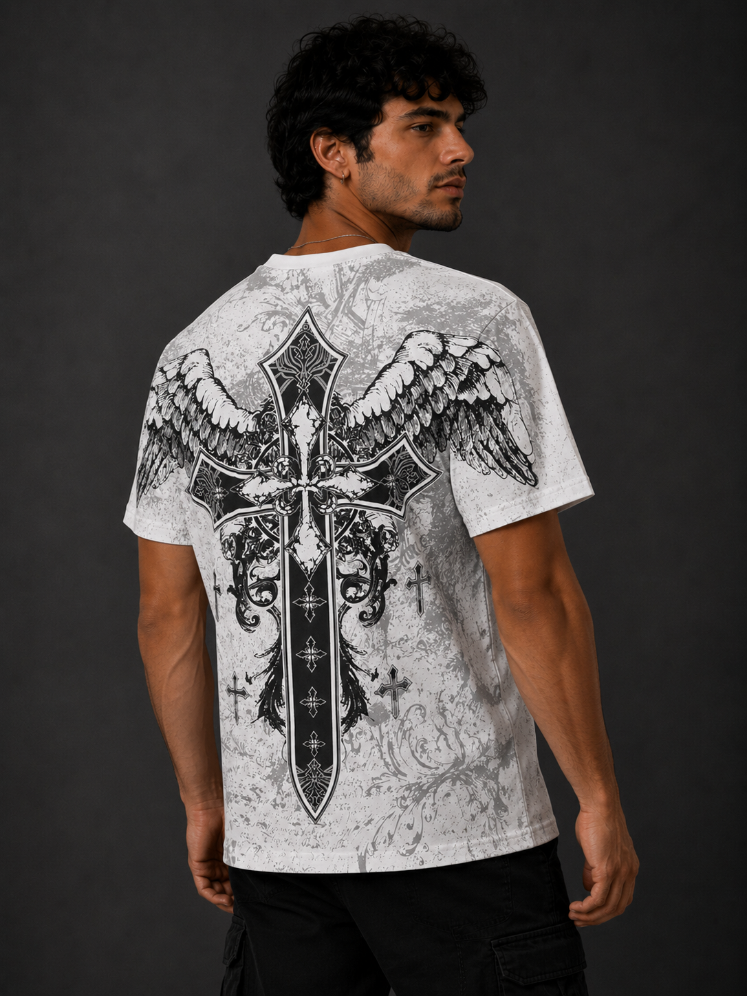 Konflic Men's Gothic Cross and Wings  Crew Neck MMA T-Shirt