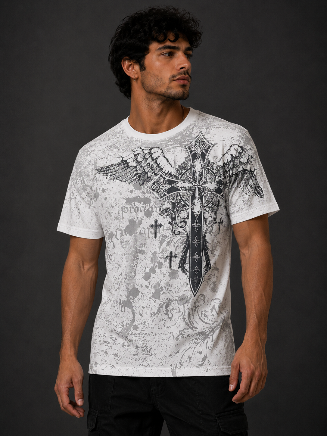 Konflic Men's Gothic Cross and Wings  Crew Neck MMA T-Shirt
