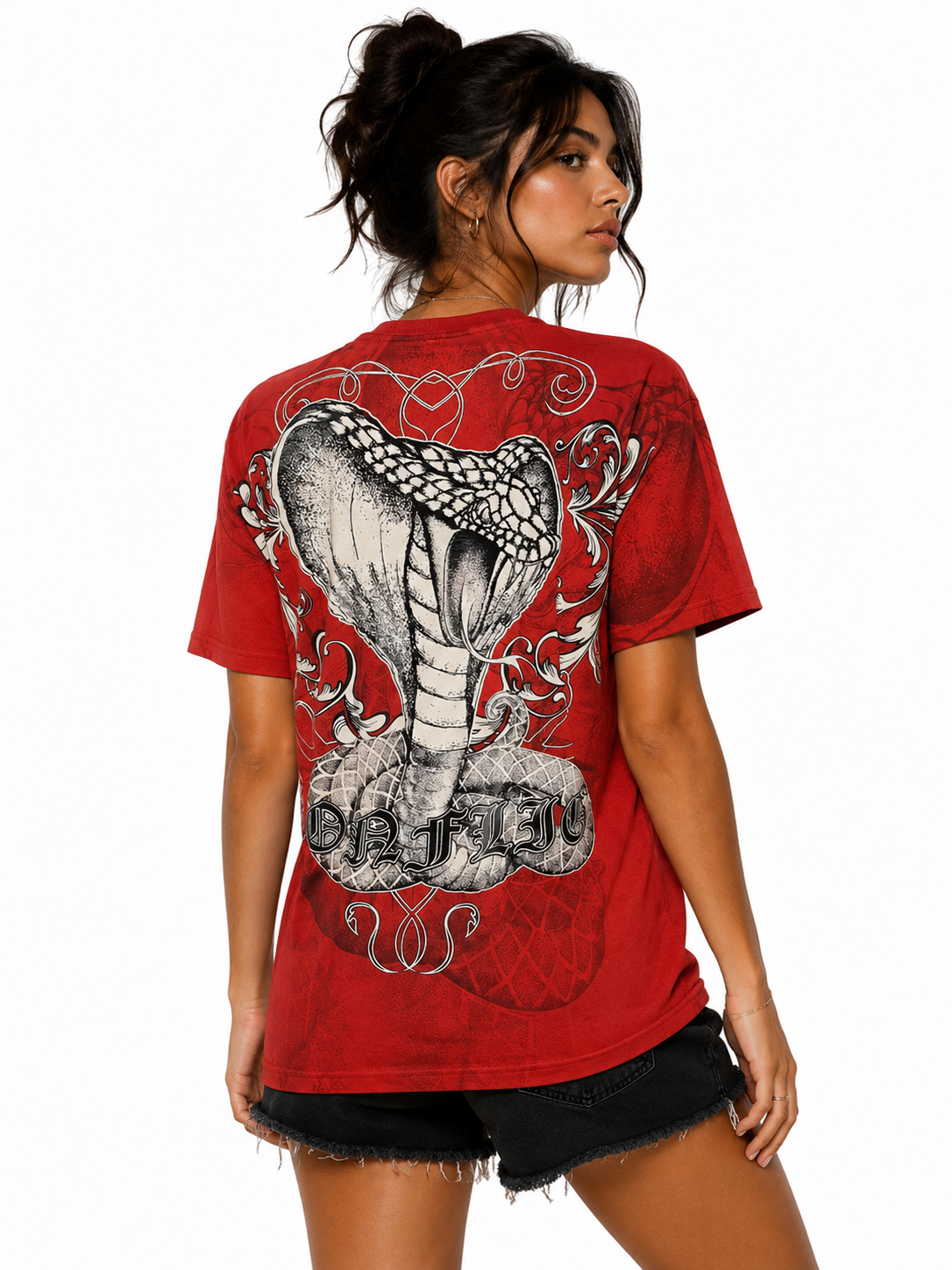 Konflic Striking Cobra & Twin Skulls Graphic All Over Print Men's T-Shirt "Black Foil"