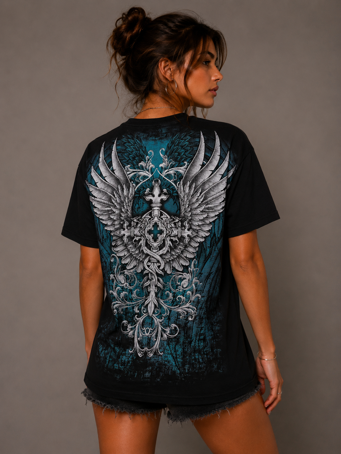 Konflic Cross and Wings with Distressed looks Graphic T Shirt