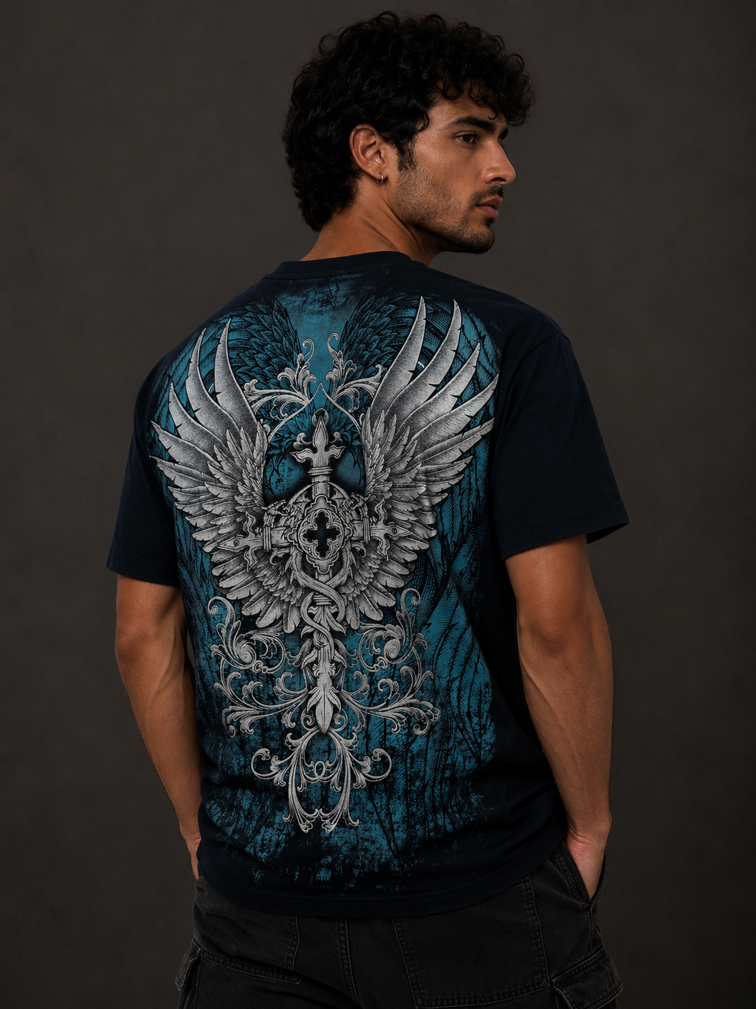 Konflic Cross and Wings with Distressed looks Graphic T Shirt