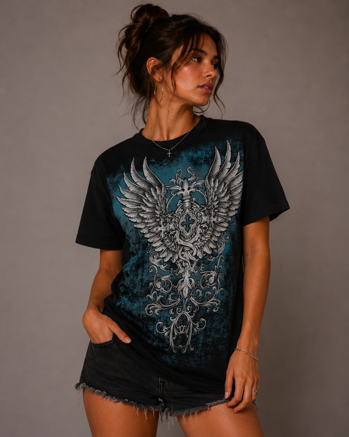 Konflic Cross and Wings with Distressed looks Graphic T Shirt