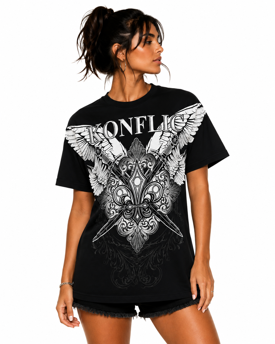 Konflic Men's Wings and Crossed Daggers Graphic All Over Print T-Shirt