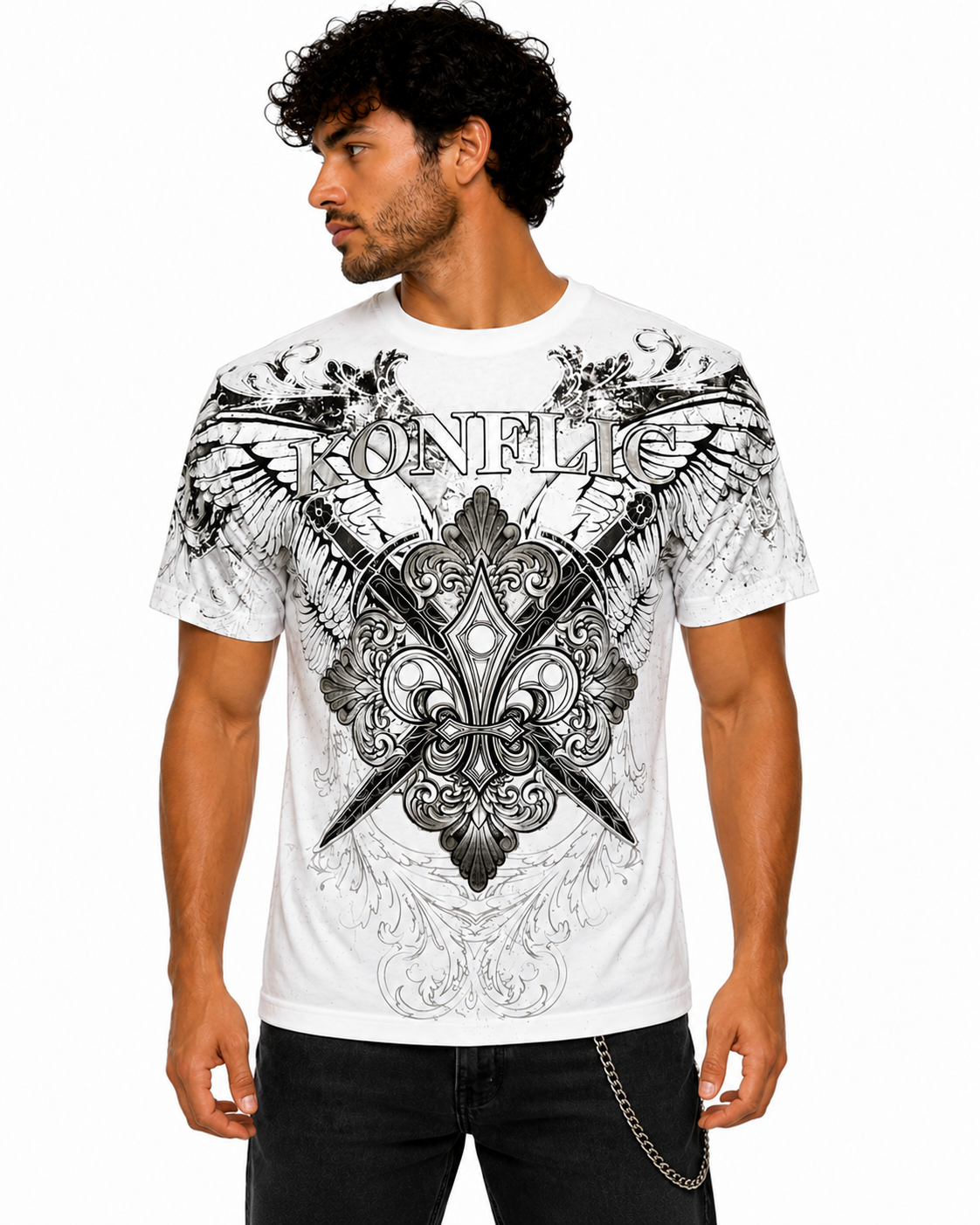 Konflic Men's Wings and Crossed Daggers Graphic All Over Print T-Shirt