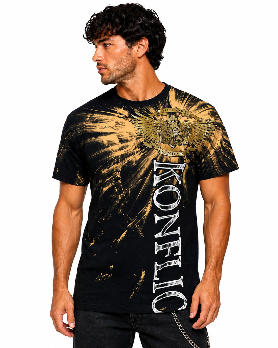 Konflic Men's Golden Sunburst Winged Graphic All Over Print T-Shirt
