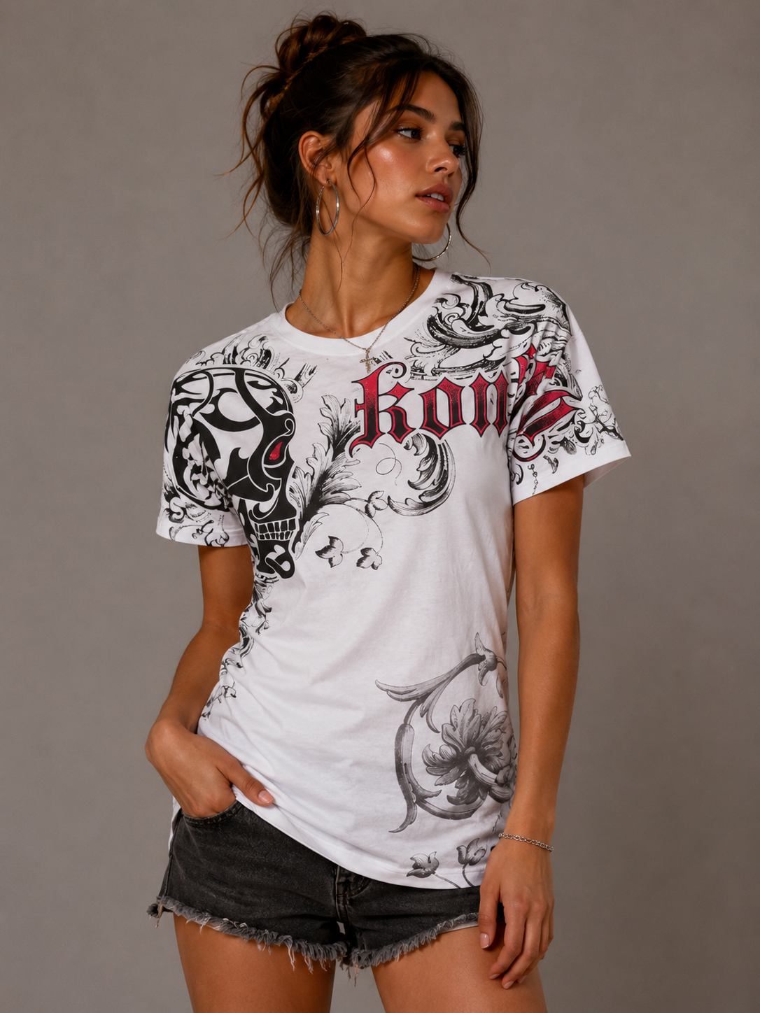 Konflic Skull of Calacas with Floral Graphic T Shirt