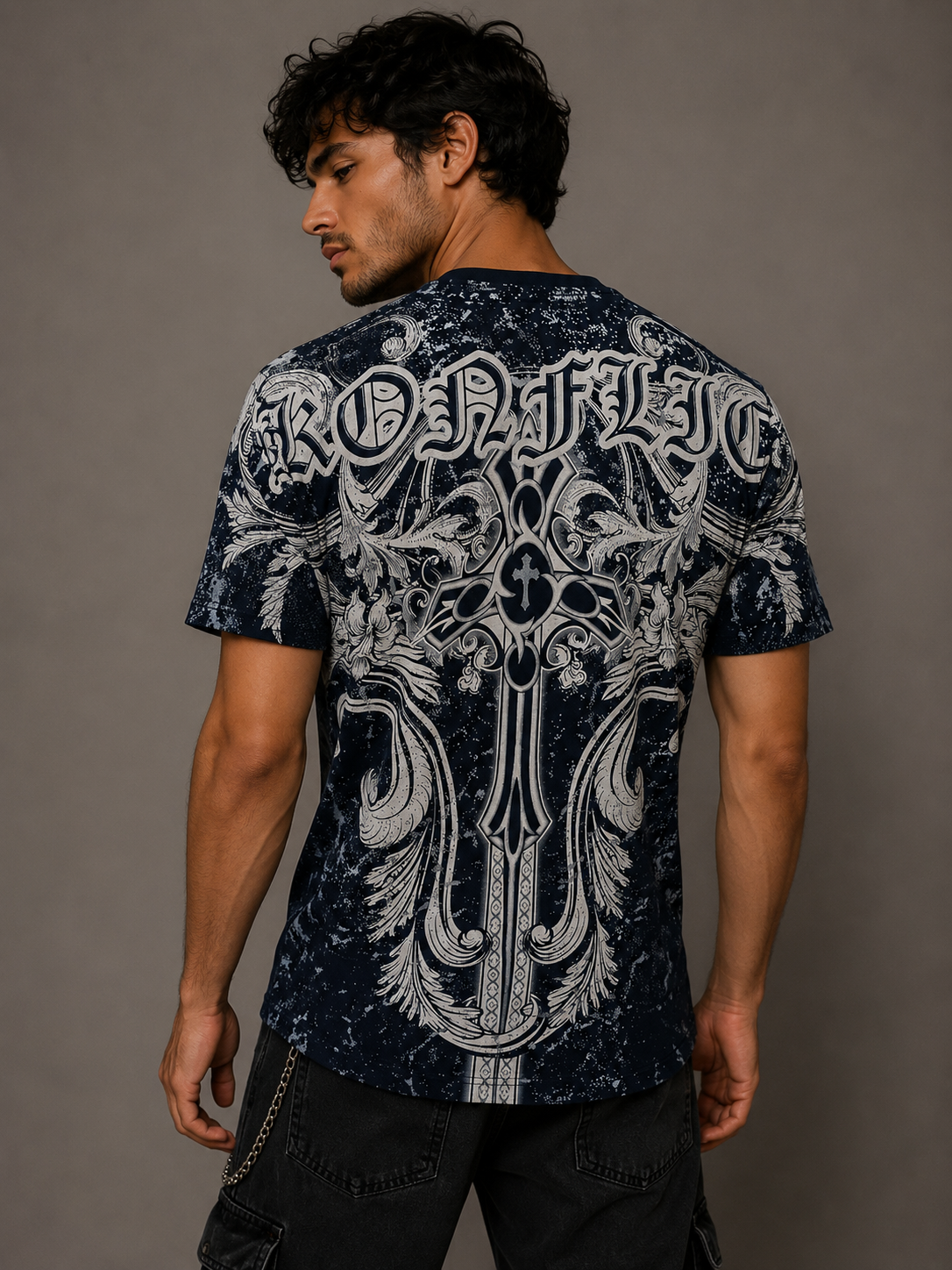 Konflic Giant Cross with Floral Graphic T Shirt