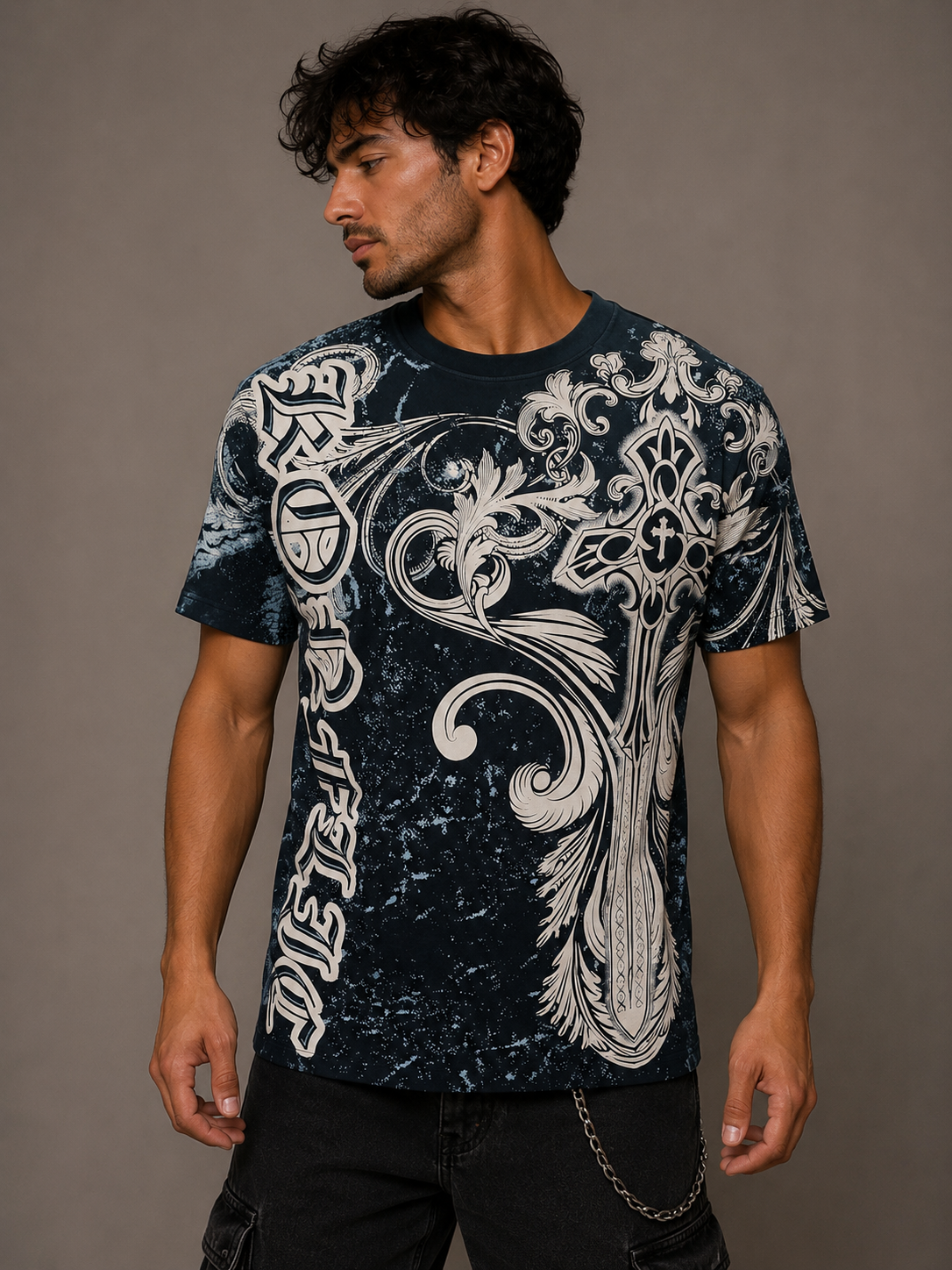 Konflic Giant Cross with Floral Graphic T Shirt