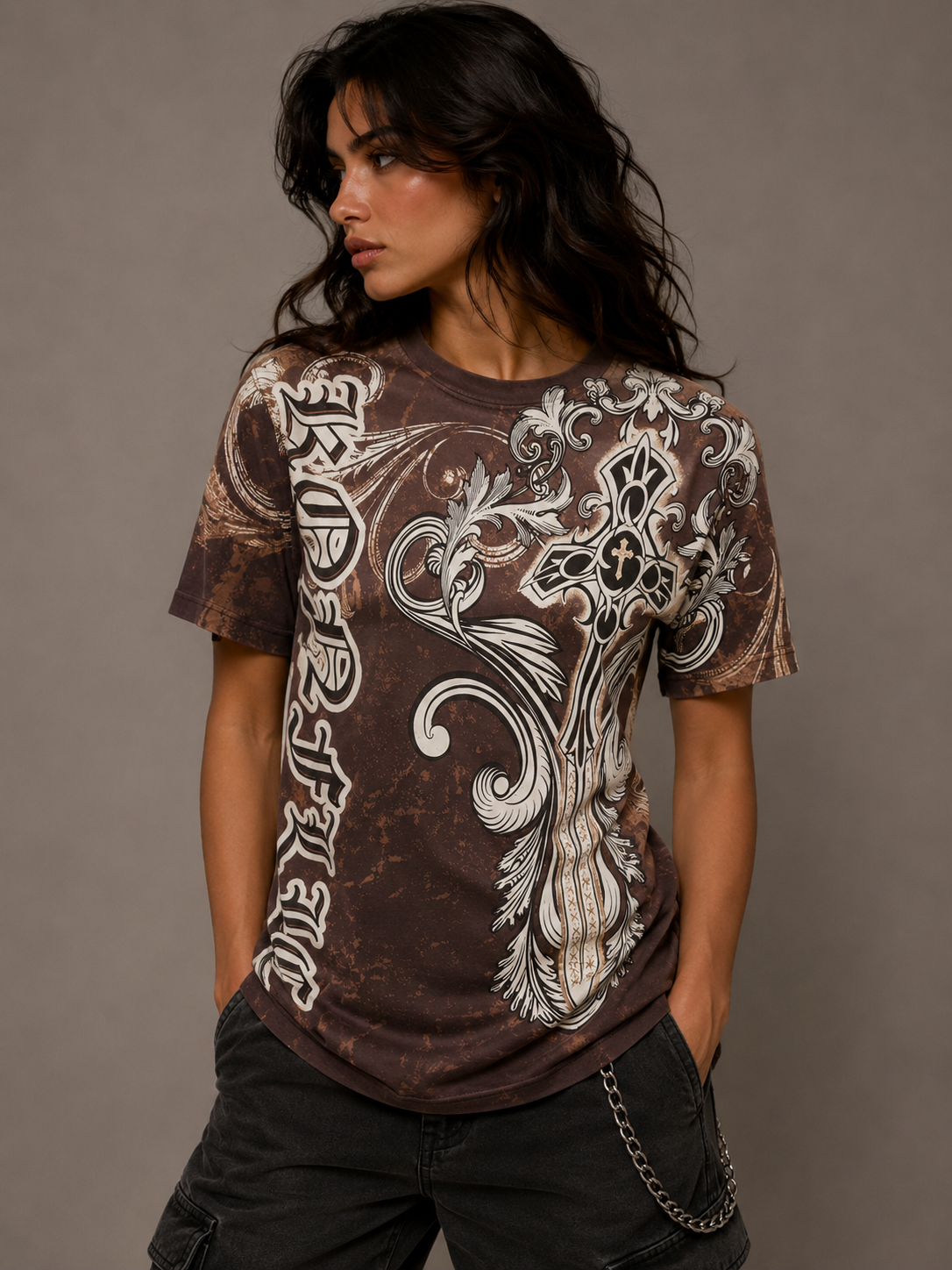 Konflic Giant Cross with Floral Graphic T Shirt