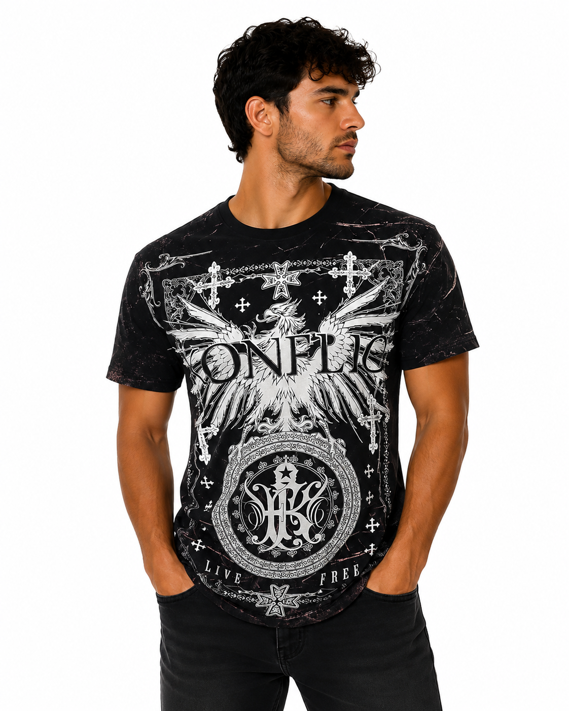 Konflic Striking Cobra & Twin Skulls Graphic All Over Print Men's T-Shirt "Black Foil"