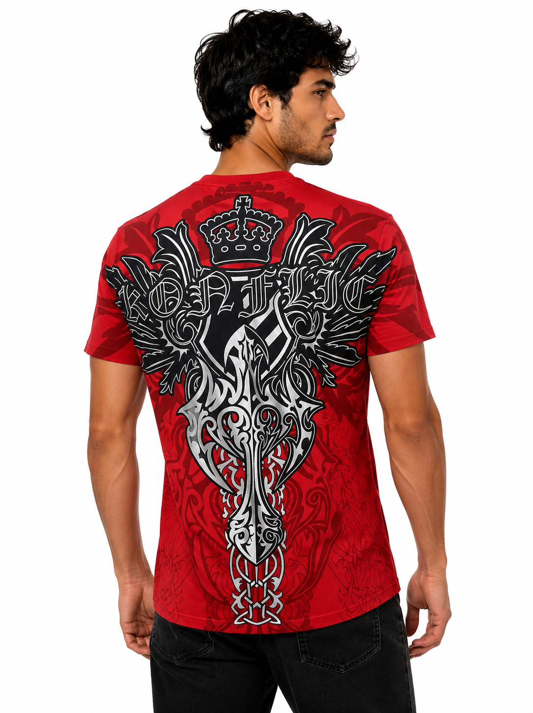 Konflic Eagle Shield & Tribal Wings Graphic All Over Print Men's T-Shirt "Silver Foil"