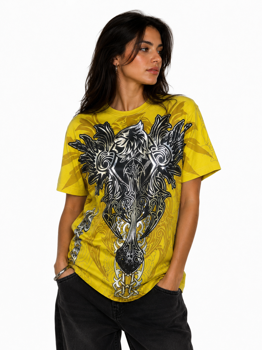 Konflic Eagle Shield & Tribal Wings Graphic All Over Print Men's T-Shirt "Silver Foil"