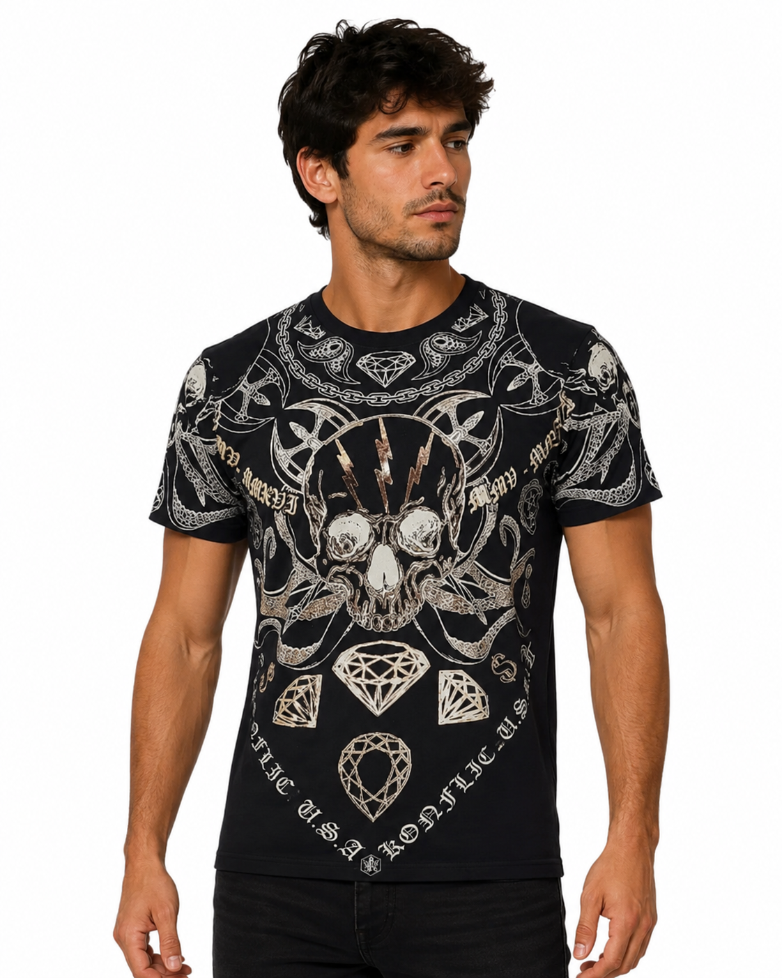 Konflic Men's Lightning Skull & Crossed Diamond Graphic All Over Print T-Shirt "Gold Foil"