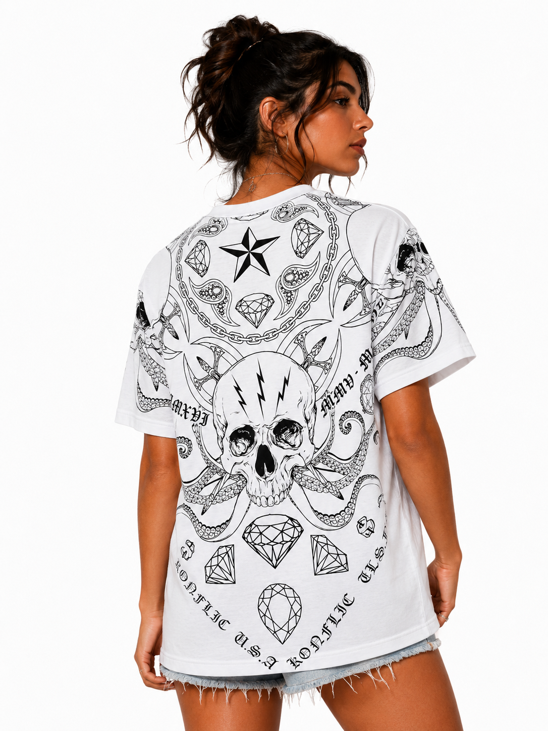 Konflic Men's Lightning Skull & Crossed Diamond Graphic All Over Print T-Shirt "Gold Foil"