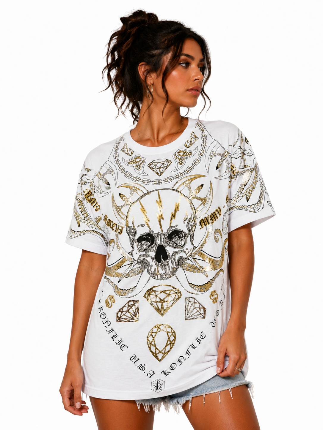 Konflic Men's Lightning Skull & Crossed Diamond Graphic All Over Print T-Shirt "Gold Foil"