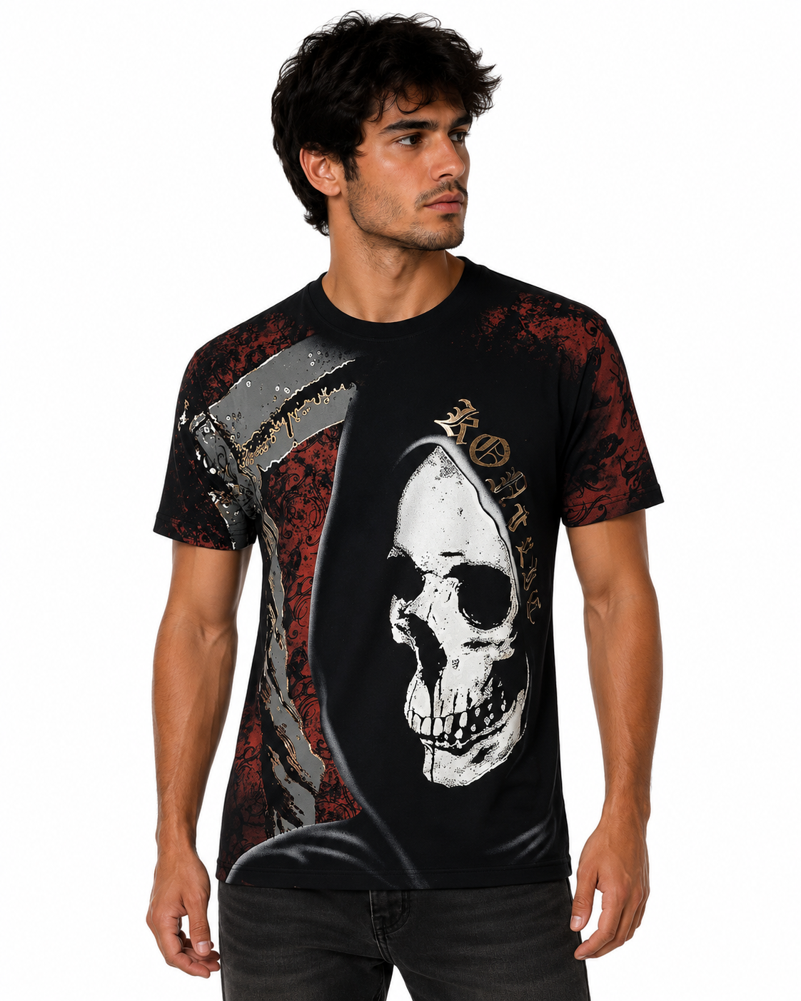 Konflic Men's Grim Reaper Scythe Graphic All Over Print T-Shirt "Gold Foil"