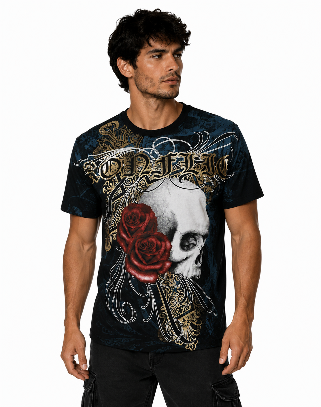 Konflic Men's Skull & Crimson Roses Graphic All Over Print T-Shirt "Gold Foil"