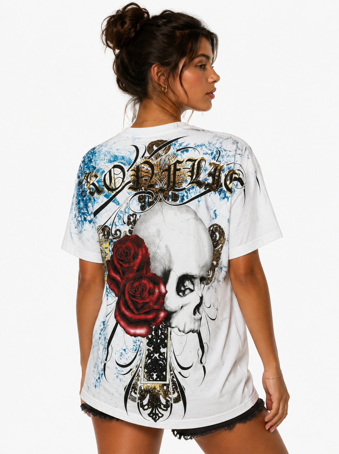 Konflic Men's Skull & Crimson Roses Graphic All Over Print T-Shirt "Gold Foil"