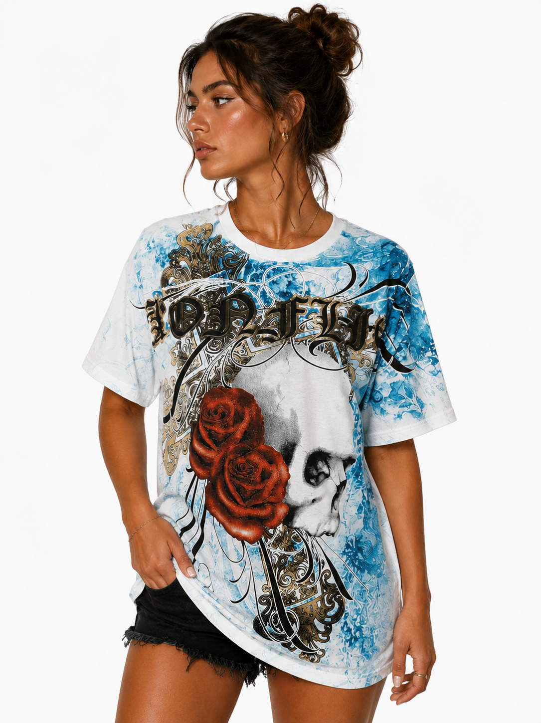 Konflic Men's Skull & Crimson Roses Graphic All Over Print T-Shirt "Gold Foil"