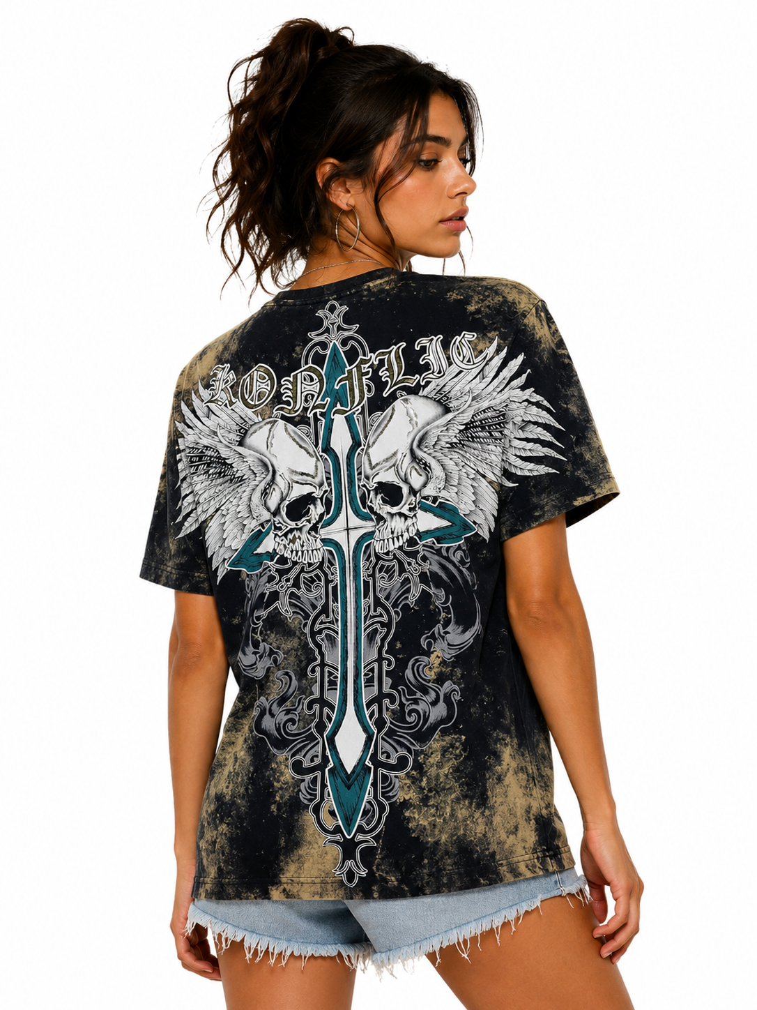 Konflic Men's Teal Gothic Cross & Winged Skull Graphic All Over Print T-Shirt "Gold Foil"