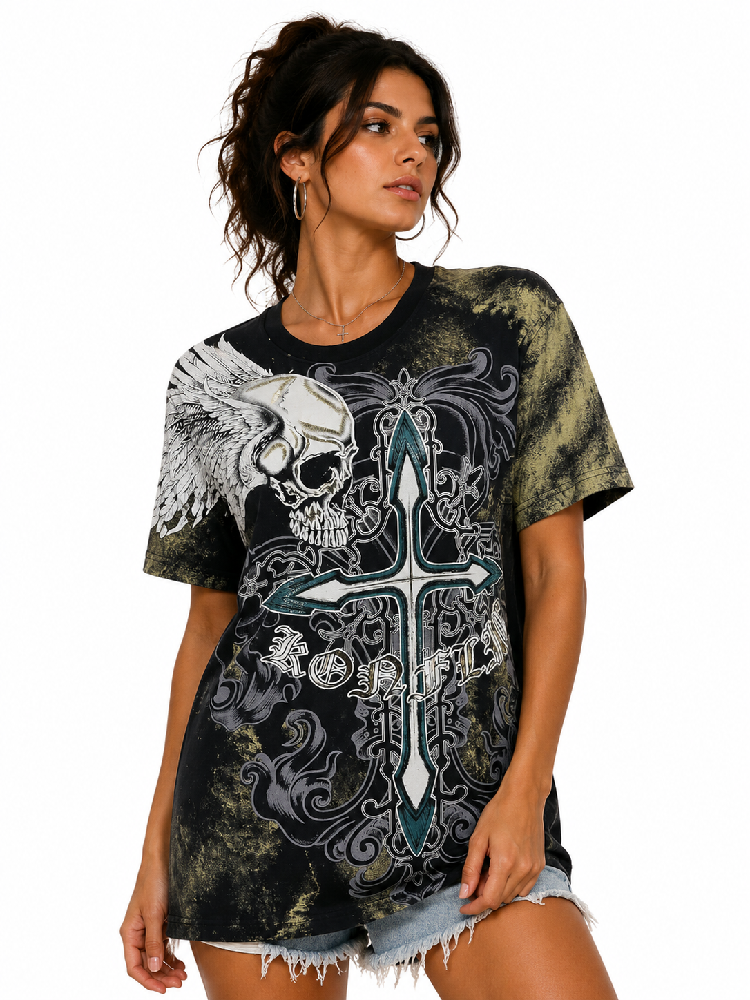 Konflic Men's Teal Gothic Cross & Winged Skull Graphic All Over Print T-Shirt "Gold Foil"
