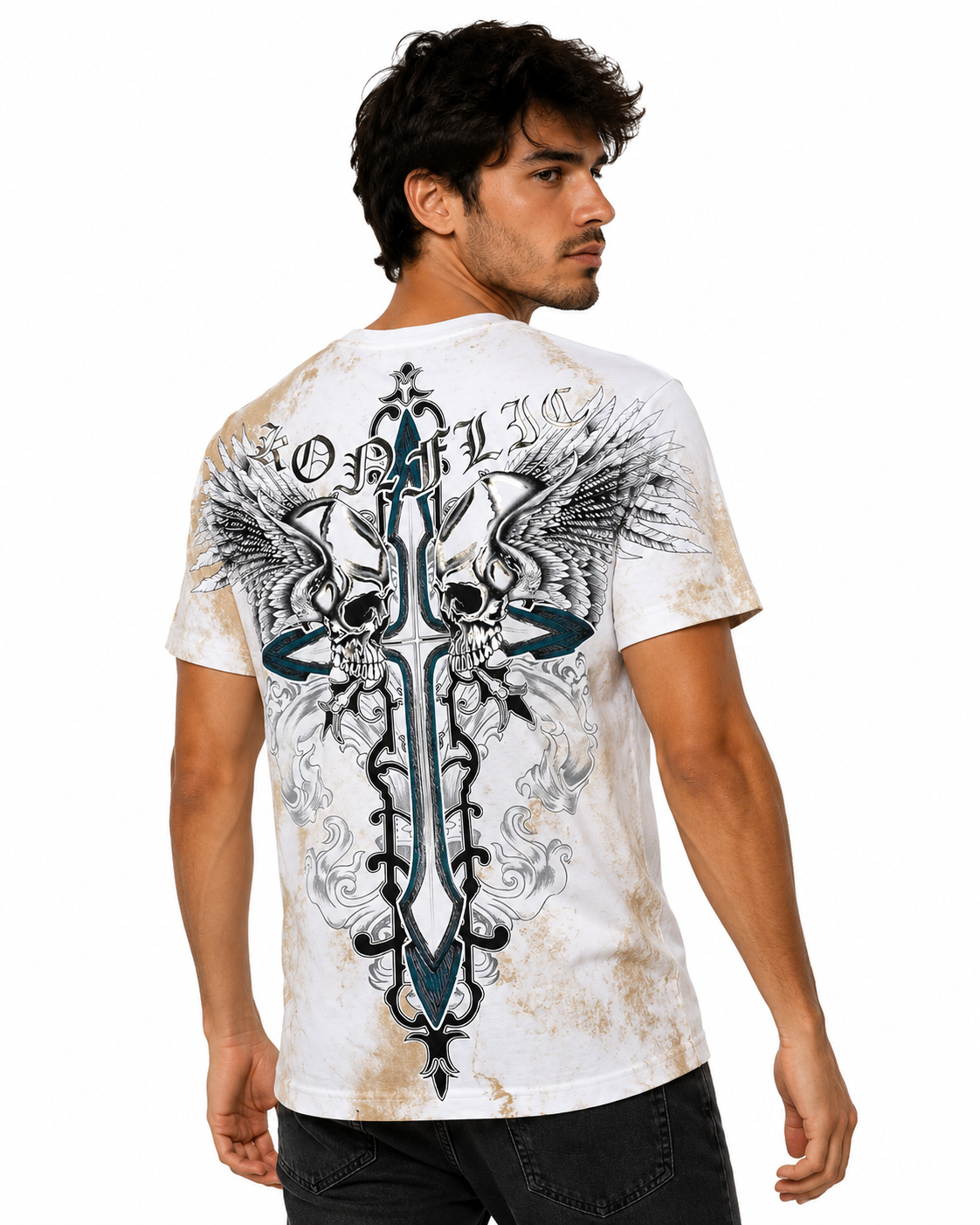 Konflic Men's Teal Gothic Cross & Winged Skull Graphic All Over Print T-Shirt "Gold Foil"