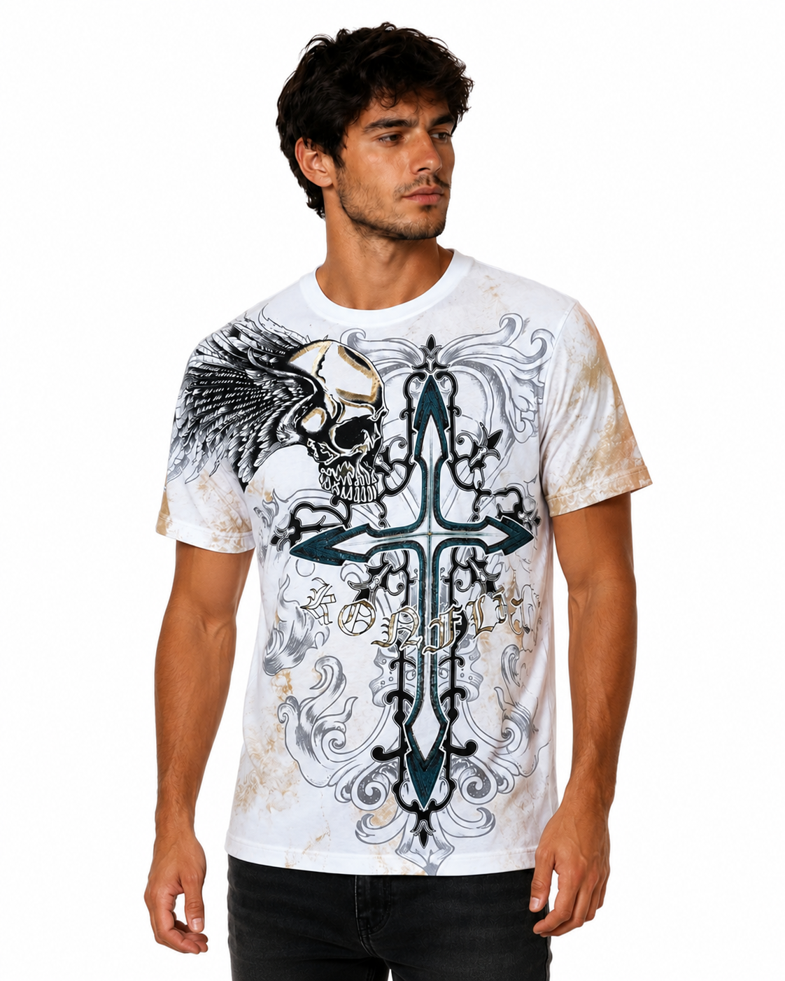 Konflic Men's Teal Gothic Cross & Winged Skull Graphic All Over Print T-Shirt "Gold Foil"