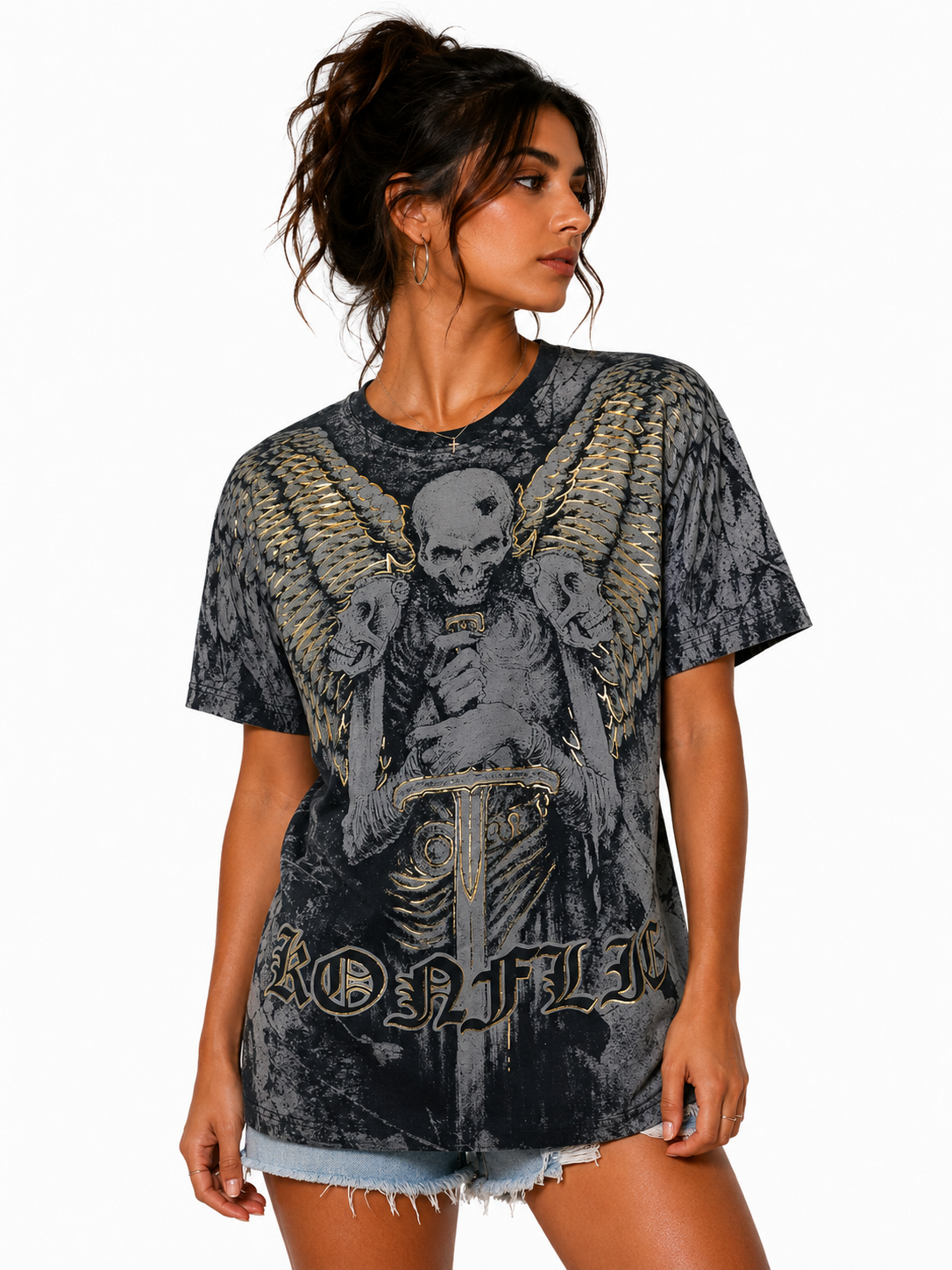 Konflic Skeleton Warrior with Wings Graphic All Over Print Men's T-Shirt "Gold Foil"