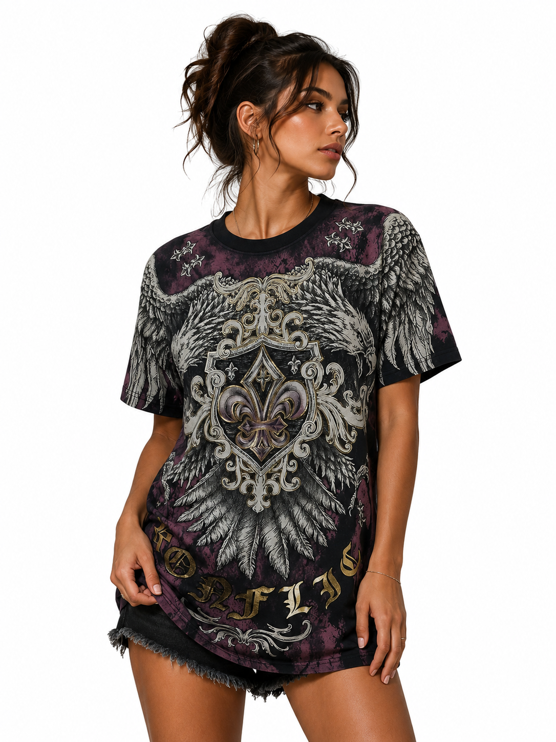 Konflic Royal Guard Shield & Eagle Wings Graphic All Over Print Men's T-Shirt "Gold Foil"