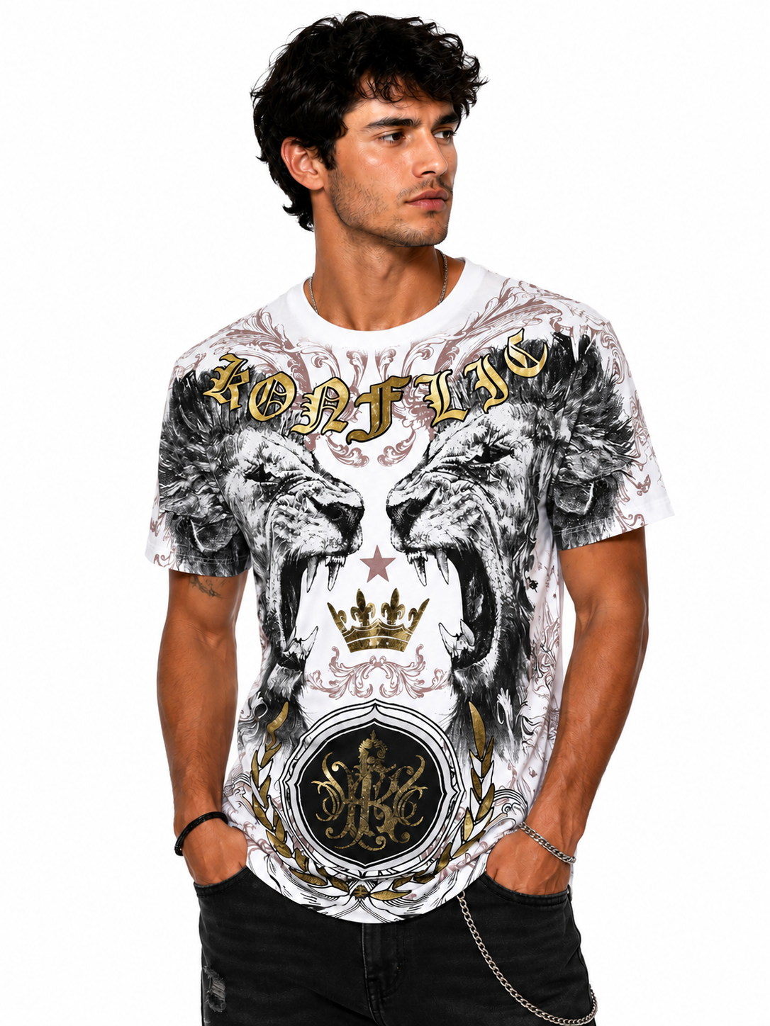 Konflic King of the Jungle Dual Lion & Crown Graphic All Over Print Men's T-Shirt "Gold Foil"
