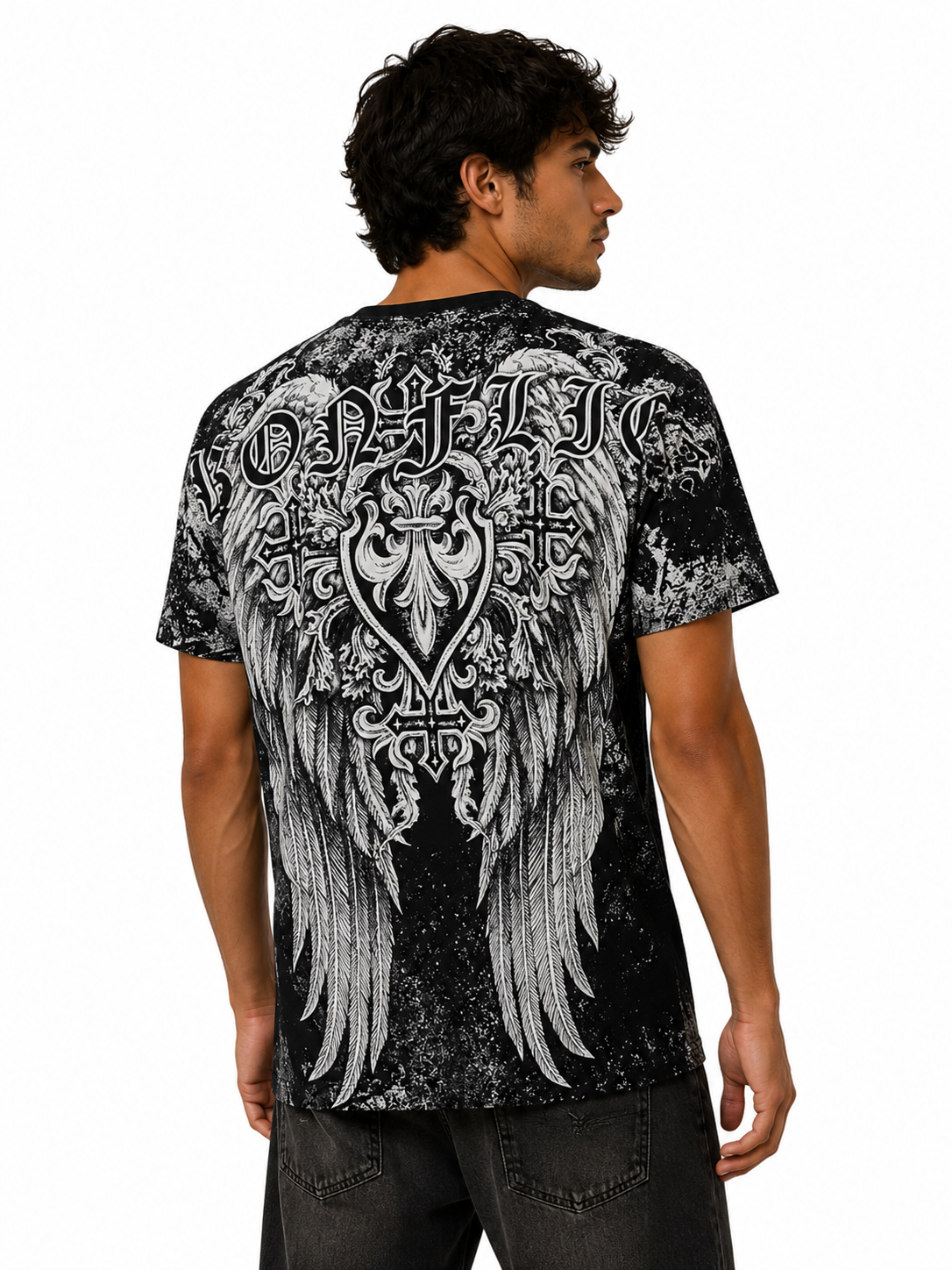 Konflic Men's Fleur-De-Lis Shield & Angel Wings Graphic All Over Print T-Shirt "Gold Foil"