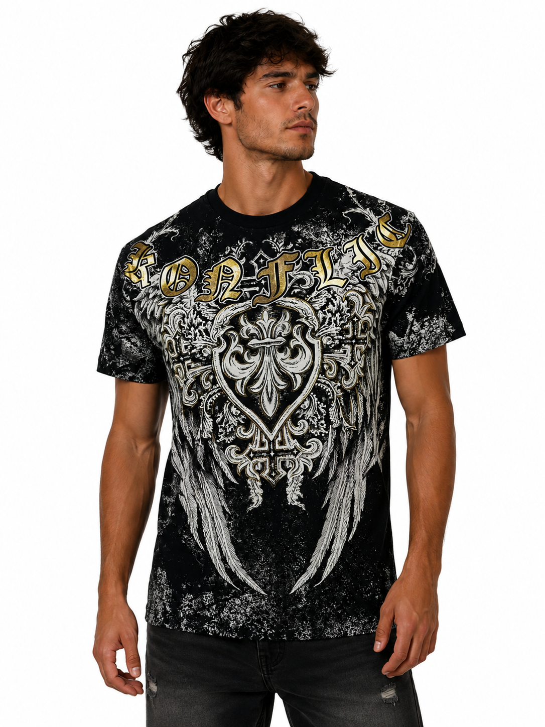 Konflic Men's Fleur-De-Lis Shield & Angel Wings Graphic All Over Print T-Shirt "Gold Foil"