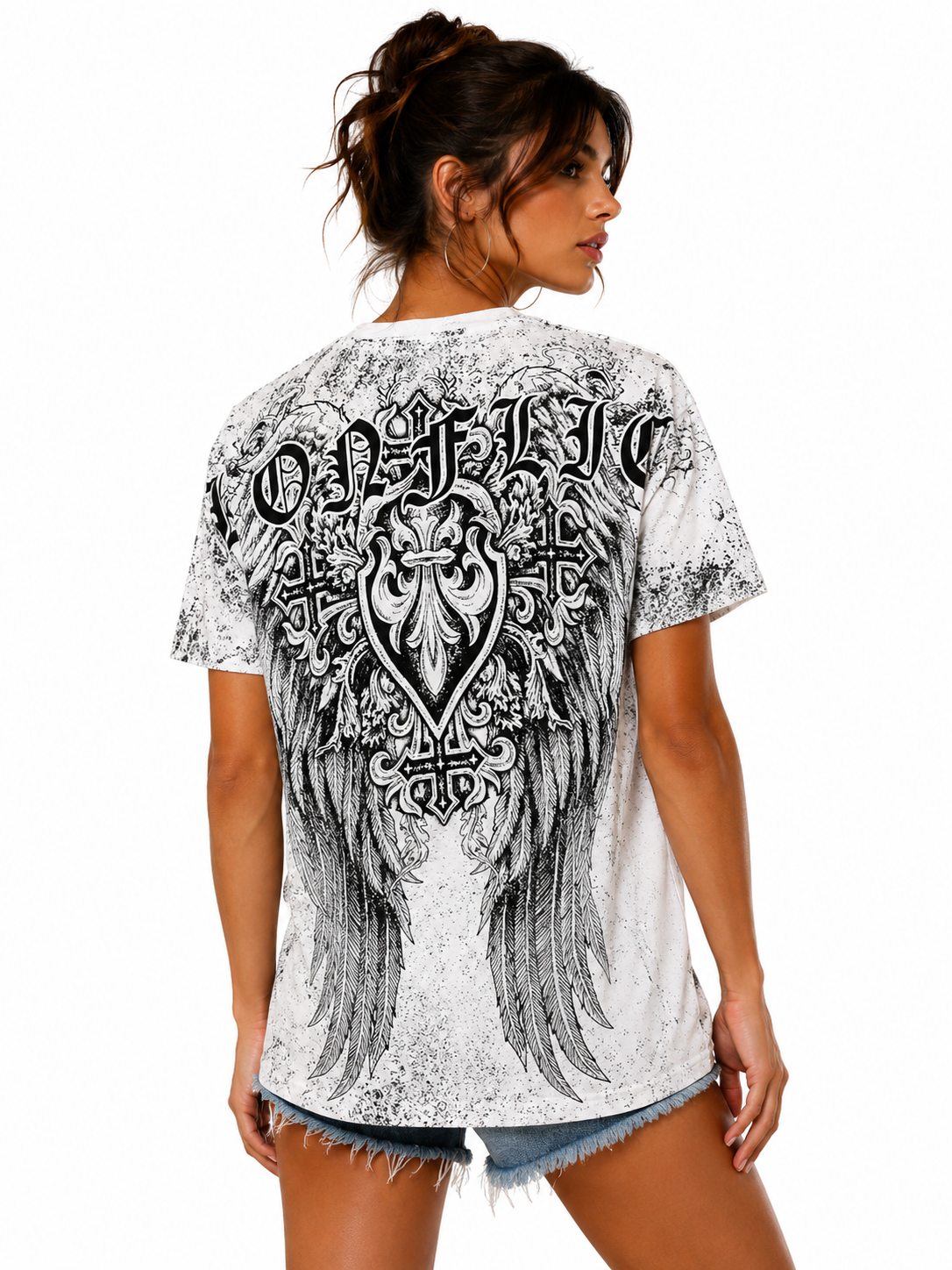 Konflic Men's Fleur-De-Lis Shield & Angel Wings Graphic All Over Print T-Shirt "Gold Foil"