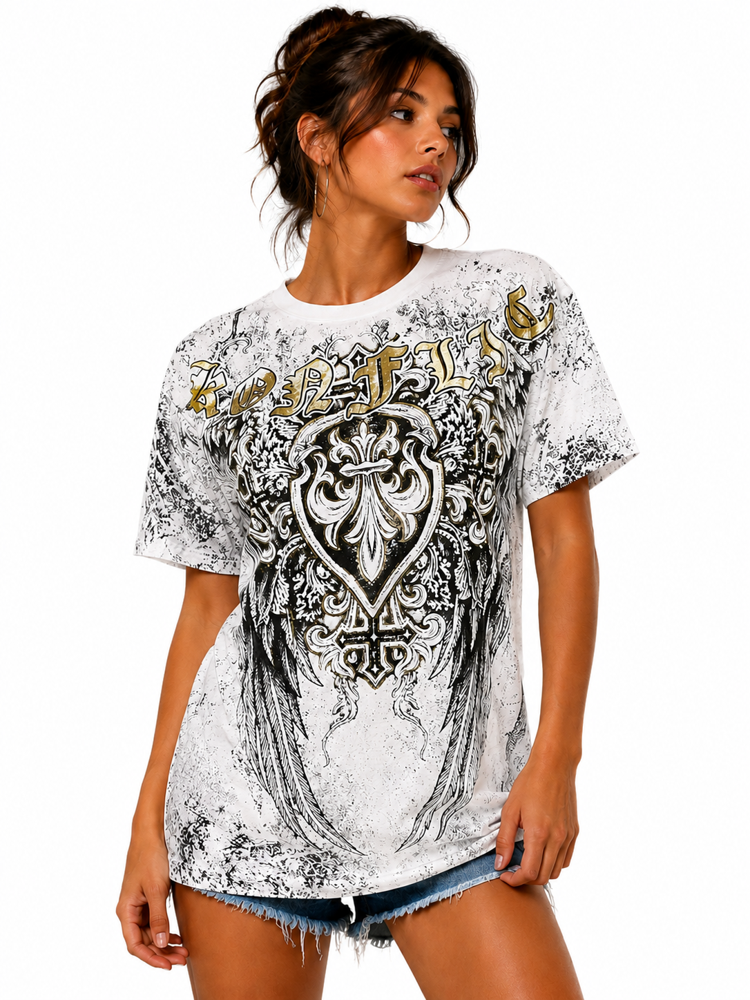 Konflic Men's Fleur-De-Lis Shield & Angel Wings Graphic All Over Print T-Shirt "Gold Foil"