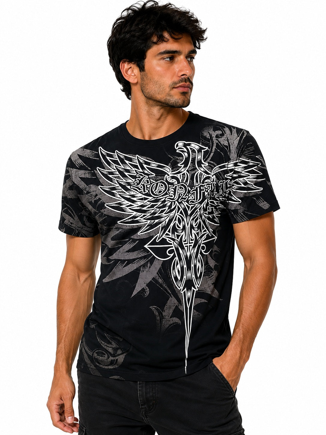 Konflic Fear Less Imperial Eagle All Over Print Graphic Men's T-Shirt "Silver Foil"